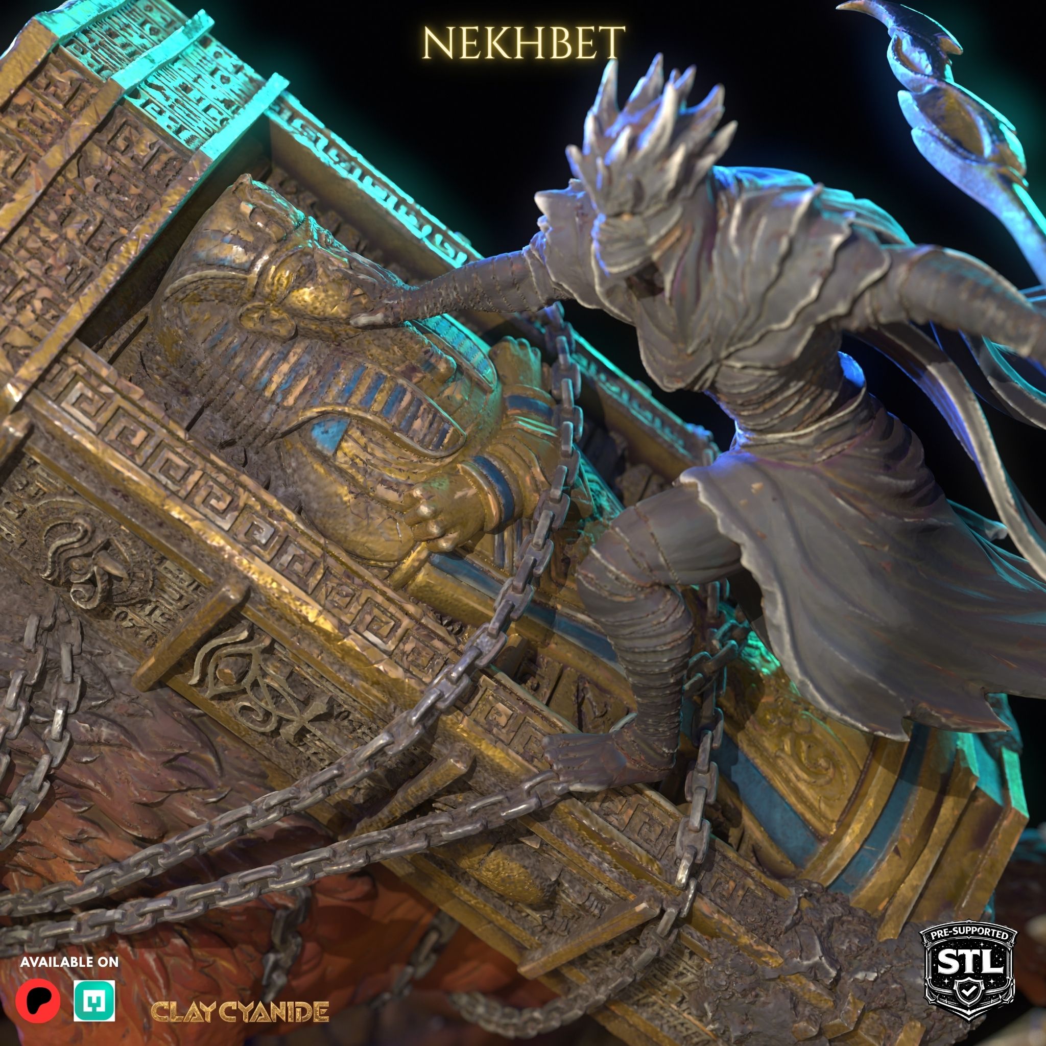 Nekhbet miniature STL close-up — vulture skull and hieroglyph hammer, Clay Cyanide